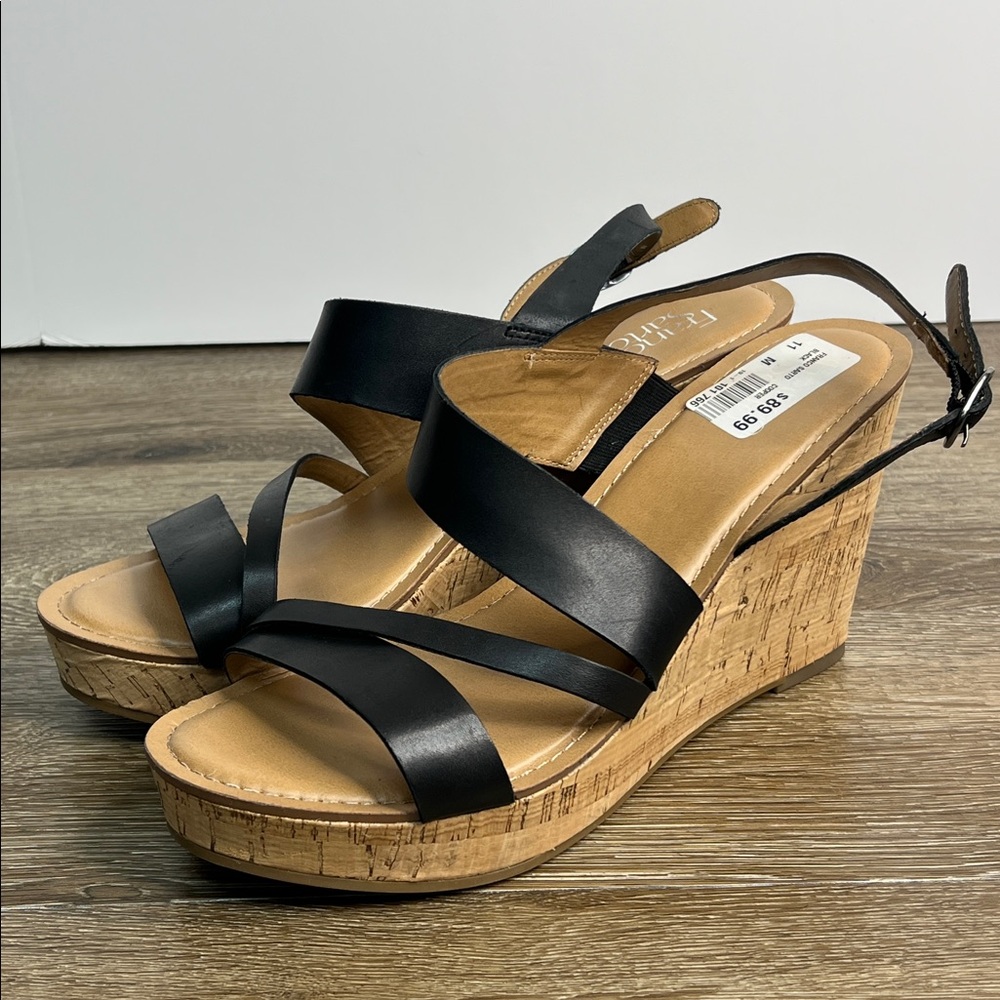 🖤 Franco Sarto COOPER Black Leather Cork Wedge Sandals – Women’s Size 11